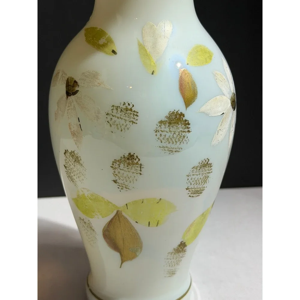 Vintage Bristol Opaque Glass Ruffled Vase Hand Painted Floral Gold Trim